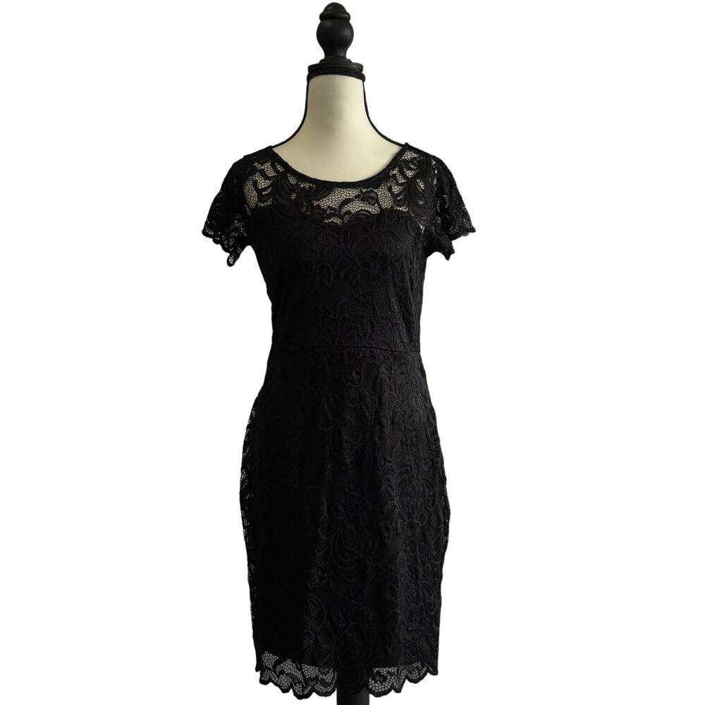 Gothic Black Lace Illusion Neck Scalloped Hem Midi Dress Womens M NWT Vamp Party